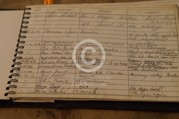 gearge Bush Signature in Guest Book at Boundary Hut, Wild Womens Expeditions with Adventure Horse Trekking New Zealand