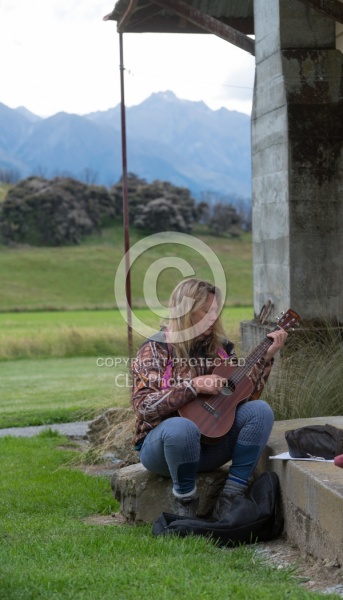 Angie Practices her Ukulele at Dingleburn Station on the Land of the Long White Cloud Ride with Wild Womens Expeditions and Adventure Horse Trekking New Zealand